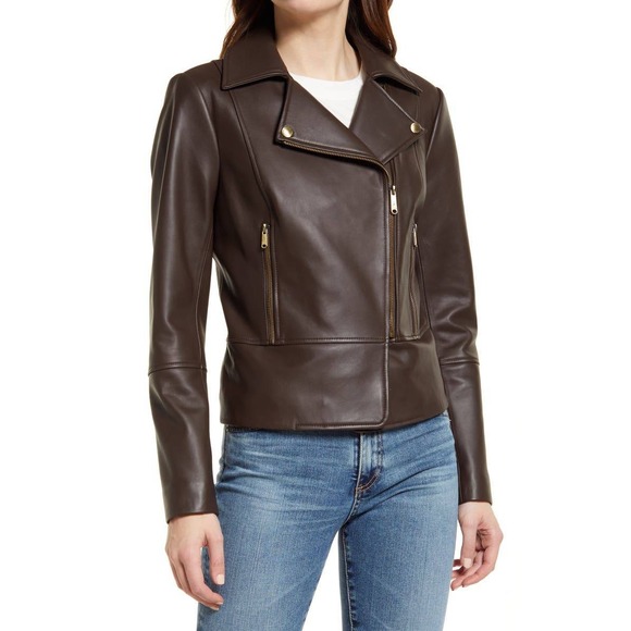 Sam Edelman Asym Moto Leather Jacket Brown Genuine Lamb Leather Size M
